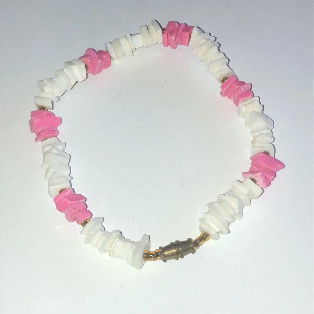 Vintage Boho Pink & White Puka Shell Chips Beaded Ankle Bracelet - Picture 4 of 5